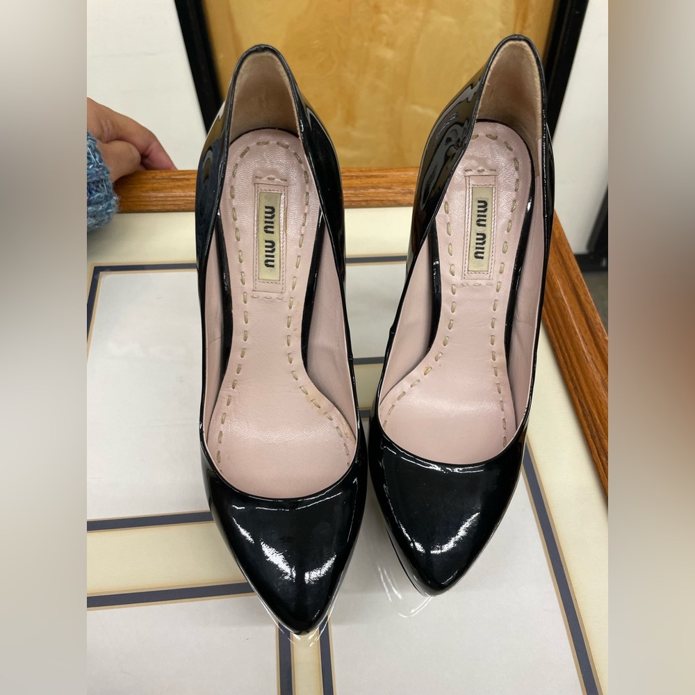 Miu Miu black patent leather stiletto pump heels, size 36.5